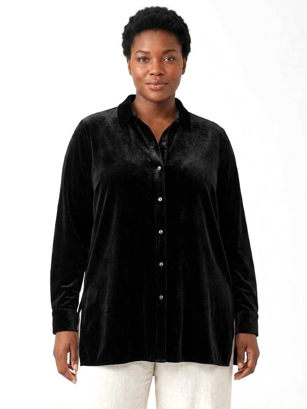 NWT Eileen Fisher Mandarin Collar Long Shirt in Black Velvet Button Tunic 1X